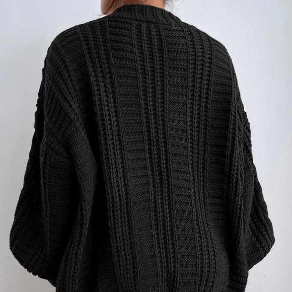 Casual Button Front Cable Knit Cardigan Black - Picture 2 of 5